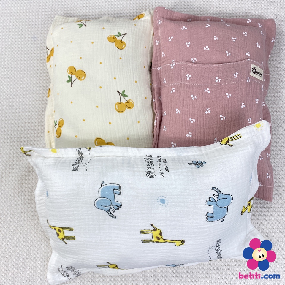 Gối Xô Sơ Sinh Cho Bé Ruột Bông Lông Vũ Muslin EMOM (KT 26 X 36CM) MẪU MỚI NHƯ VIDEO NHA CÁC MẸ