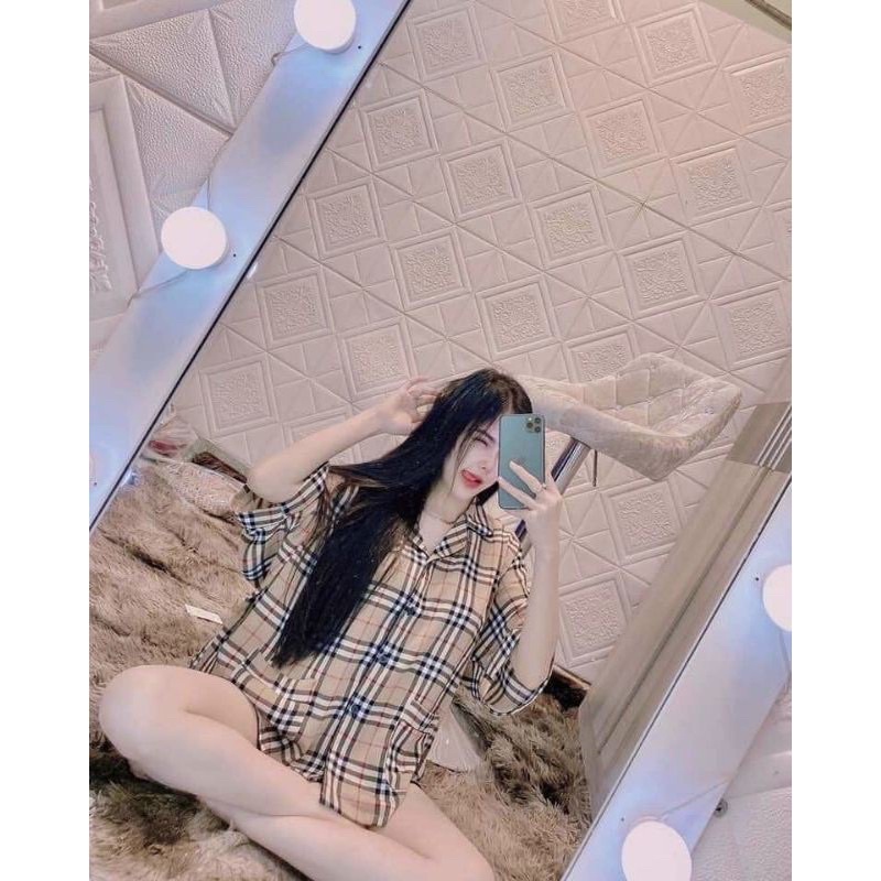 Bộ Pijama cánh dơi đùi Lụa Mango cao cấp, kẻ sọc Burberry _Mã 116