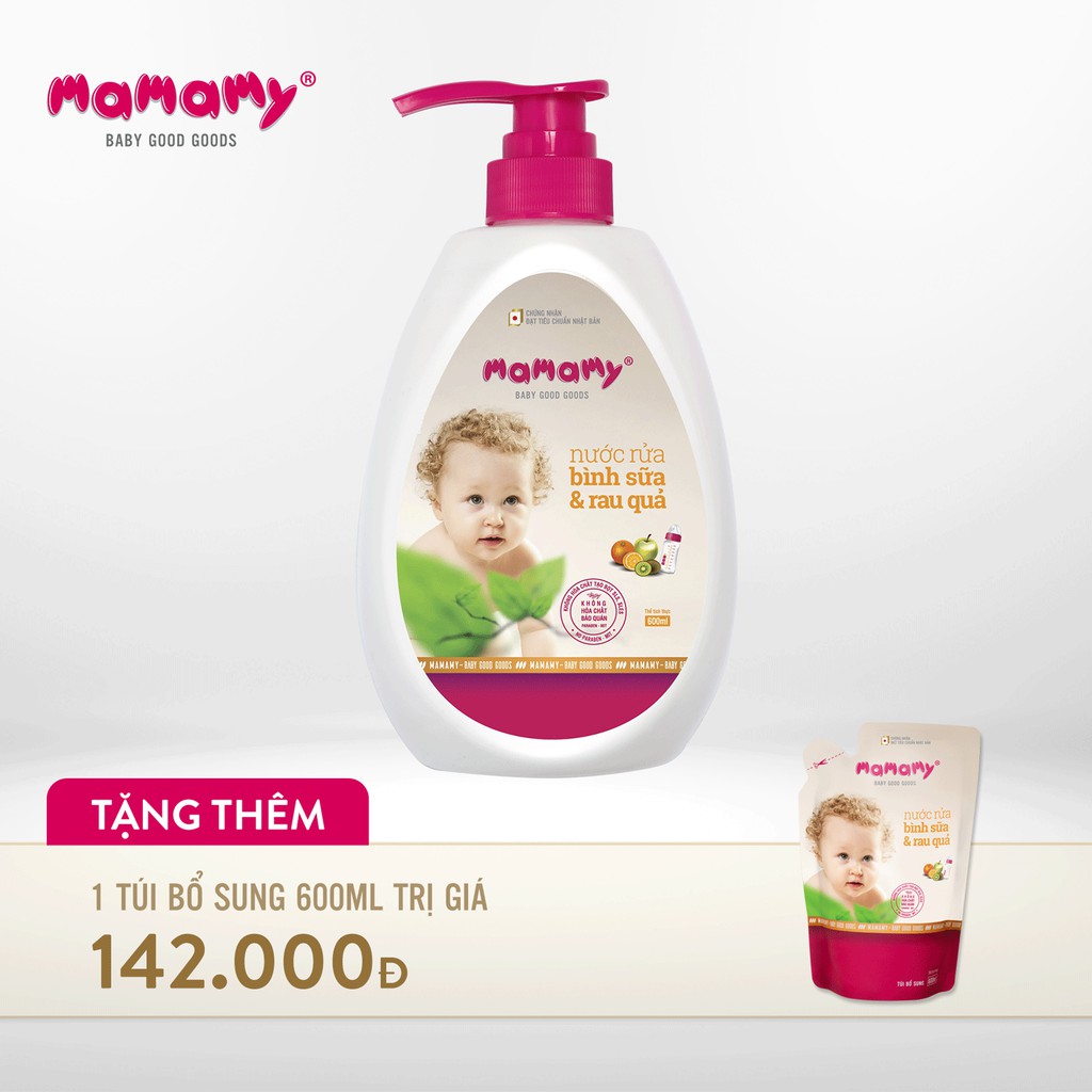 Nước rửa bình sữa thiên nhiên Mamamy 600ml tặng kèm 1 túi bổ sung 600ml