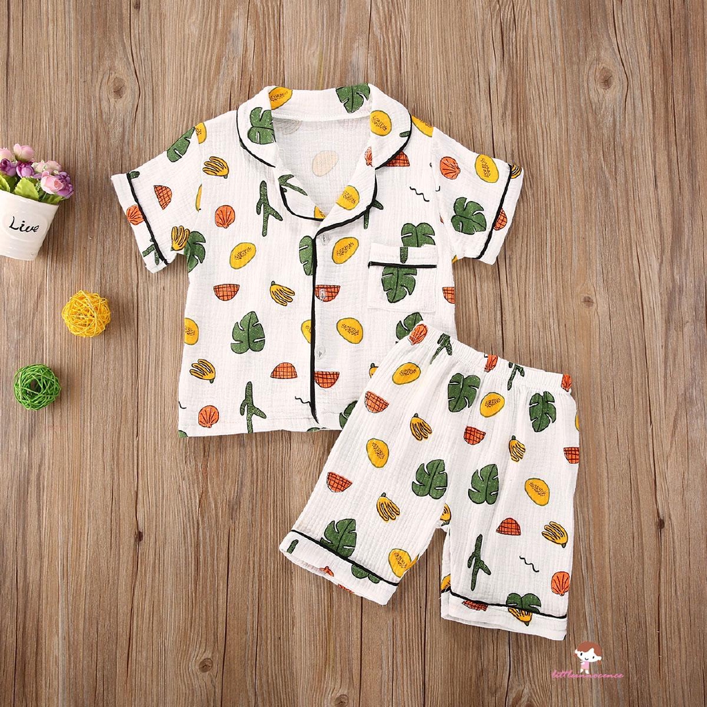 Set Áo Thun Ngắn Tay Cổ Tròn + Quần Short Pajamas Đáng Yêu Cho Bé