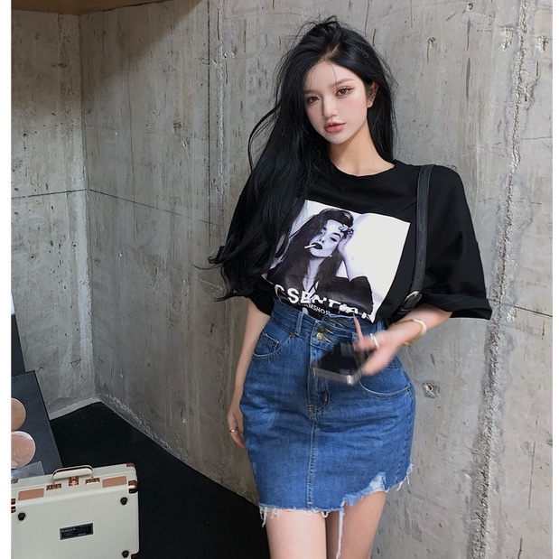 Set Áo Thun Ngắn Tay Form Rộng Và Chân Váy Denim Lưng Cao Thời Trang Mùa Hè Mới Phong Cách Hàn Quốc Cho Nữ