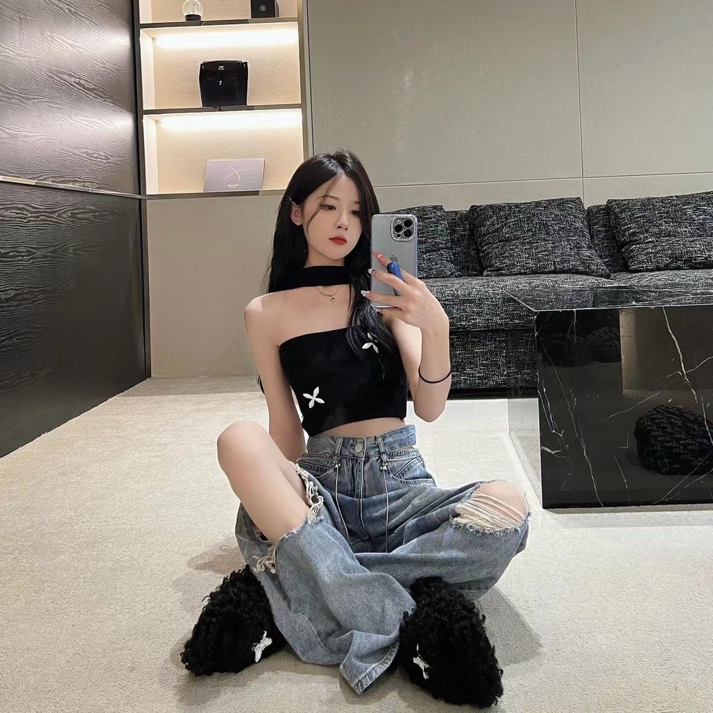 Honypove Quần Jeans Nữ Dài Lưng Cao Ống Rộng Thời Trang Hàn