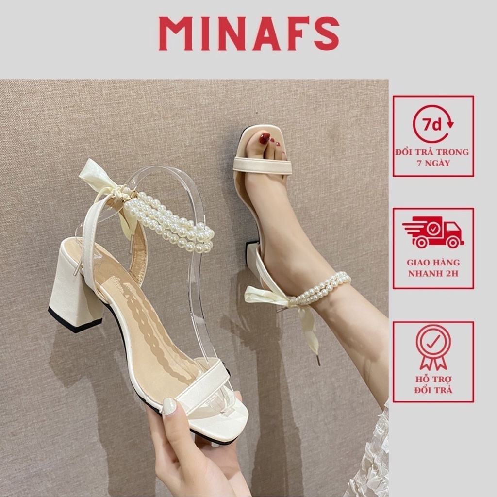 Giày Cao Gót Nữ MINA Đế Vuông Thắt Nơ Lụa Gót Cao 5cm,Giày Sandal Quai Ngang 5 phân Quai Ngọc Công Sở Bánh Bèo Tiểu Thư