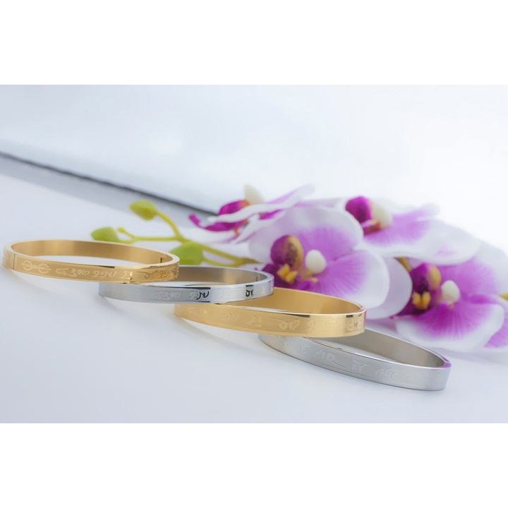 Vòng tay phong thủy Úm Ma Ni Bát Mê Hồng màu vàng hình tròn - Đeo tay vạn sự may