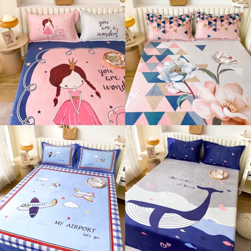 Bộ GA GỐI NỈ NHUNG in hình 3D Siêu Cấp ( set NỈ MỊN 1 Ga và 2 vỏ Gối nằm )HOA VĂN in sắc nét - đa dạng -> được chọn mẫu