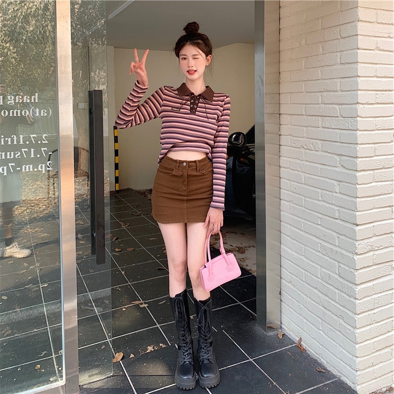 Áo dệt kim ZHELIHANGFEI tay dài cổ bẻ cột dây họa tiết kẻ sọc thời trang trẻ trung cho nữ