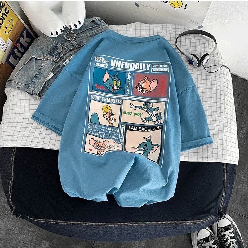 Áo Thun Ngắn Tay Dáng Rộng In Hoạt Hình Phong Cách Hàn Quốc Trẻ Trung Cho Nam Nữ