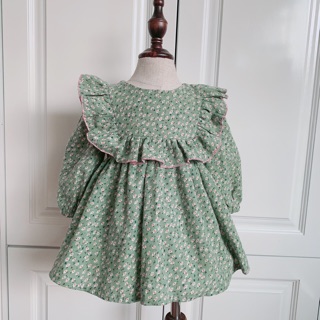 Váy đầm thiết kế thu đông cho bé gái từ 3 tháng tuổi (6-32kg) chất cào bông mềm mịn mát hoa nhí màu xanh
