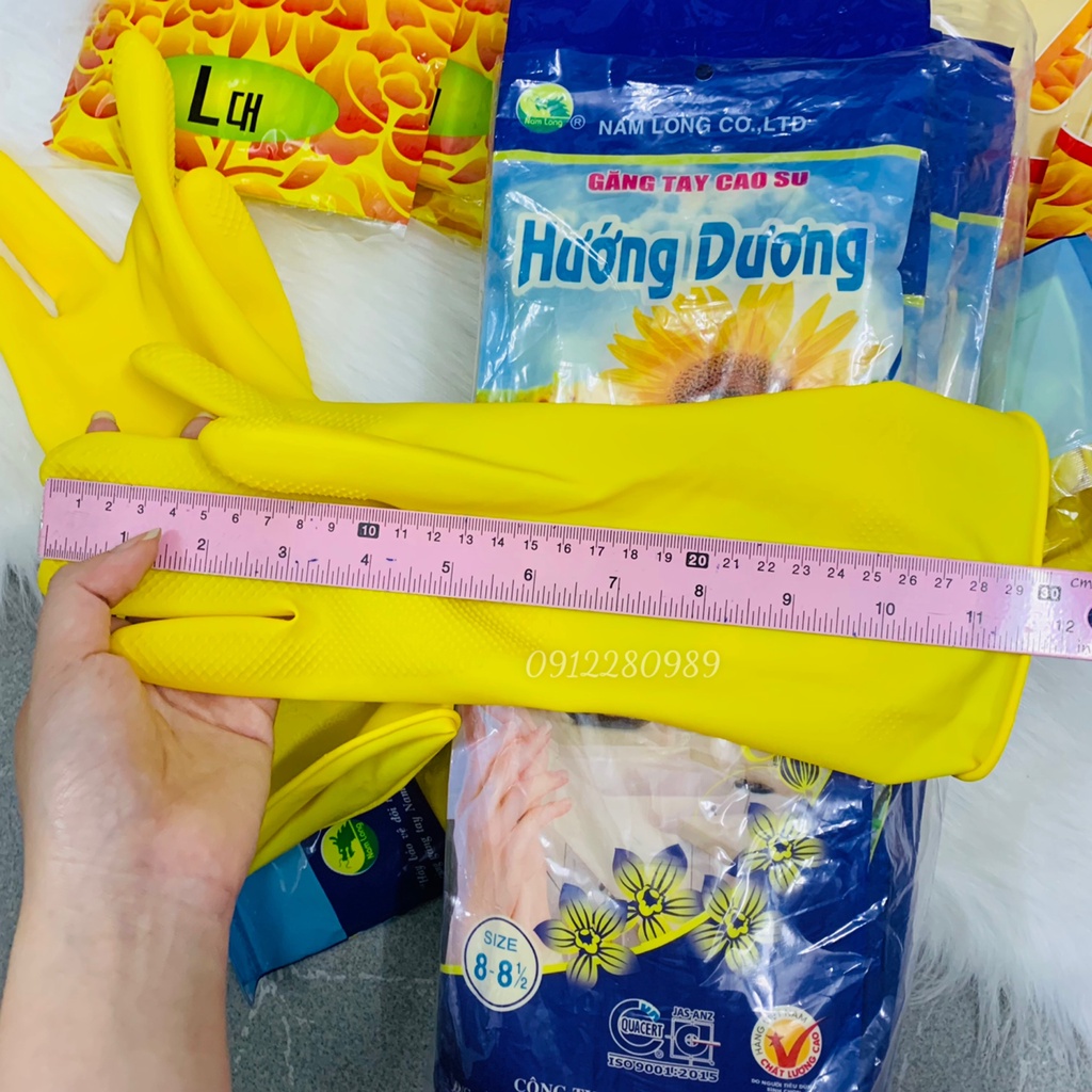 Găng tay cao su Hướng Dương dài 30cm dùng rửa bát, rửa chén màu vàng _ Hình chụp thật