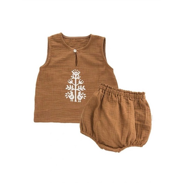 Bộ xô Muslin Organic bé gái BeBoono màu nâu phong cách Ventage 1-5 tuổi