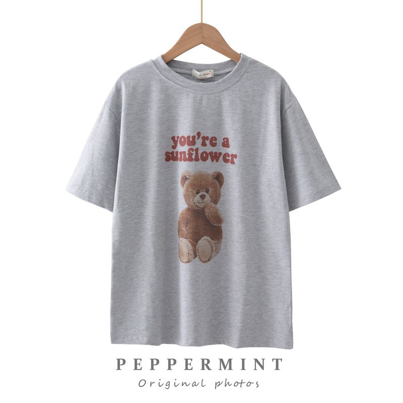 Áo thun Peppermint 41128 tay ngắn in hình gấu dễ thương phong cách Hàn Quốc thời trang