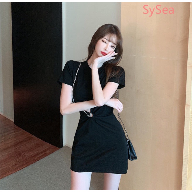 Đầm tay ngắn màu đen thiết kế cá tính thời trang mùa hè dành cho nữ