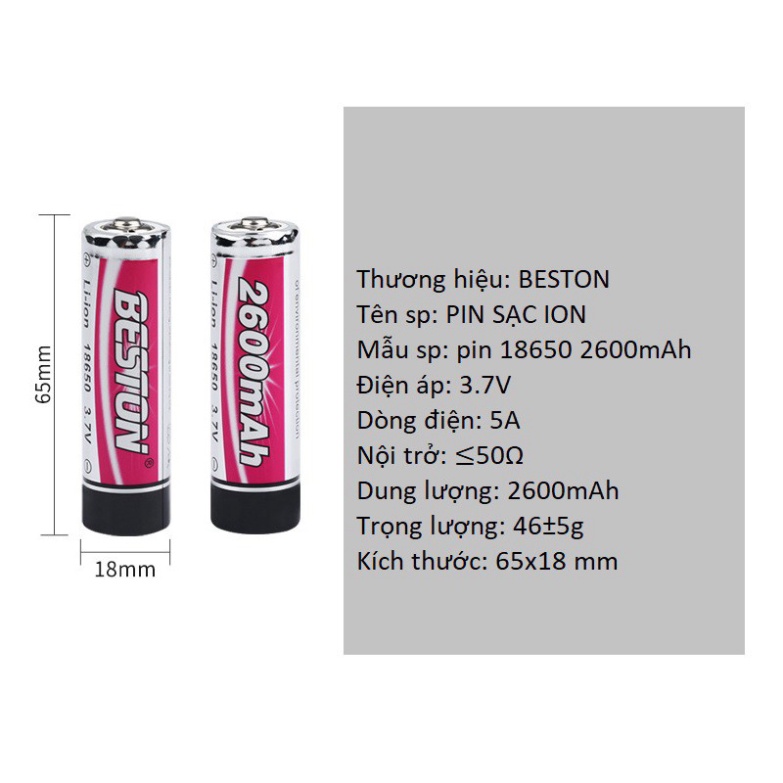 Pin sạc 18650 3.7V  Beston chính hãng dung lượng cao Kèm bộ sạc - Pin chuyên dụng Đèn pin siêu sáng