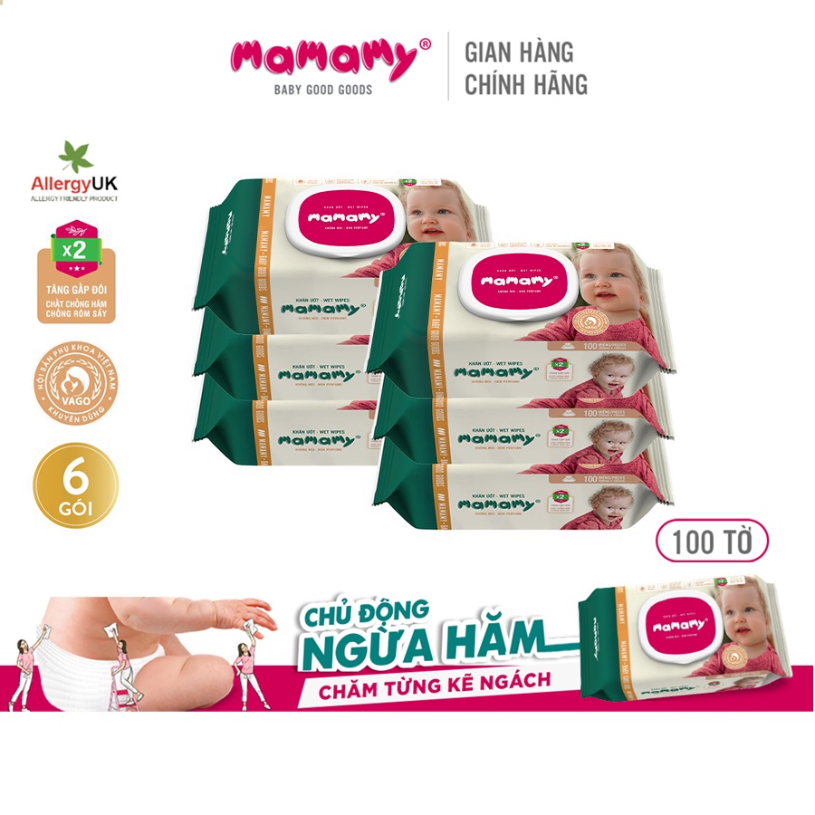 Combo 6 gói khăn ướt Mamamy 100 tờ chuẩn quốc tế - 100% an toàn