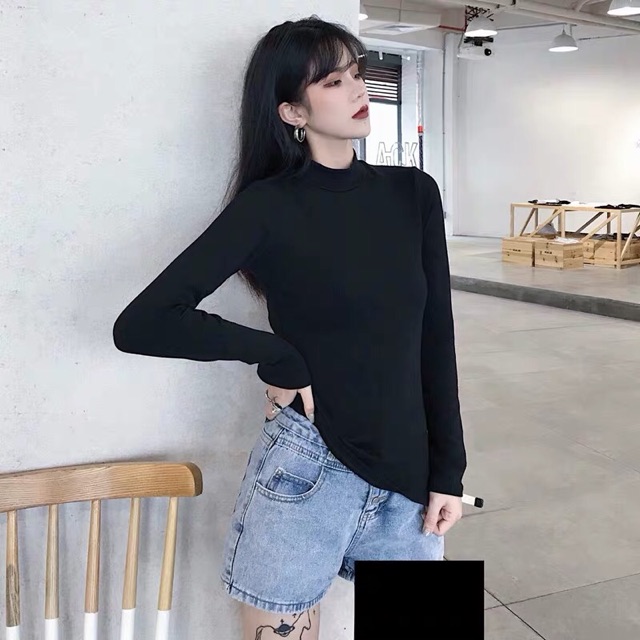 Áo dài tay ulzzang áo cotton nữ cổ cao nhiều màu đen trắng nâu trơn | BigBuy360 - bigbuy360.vn