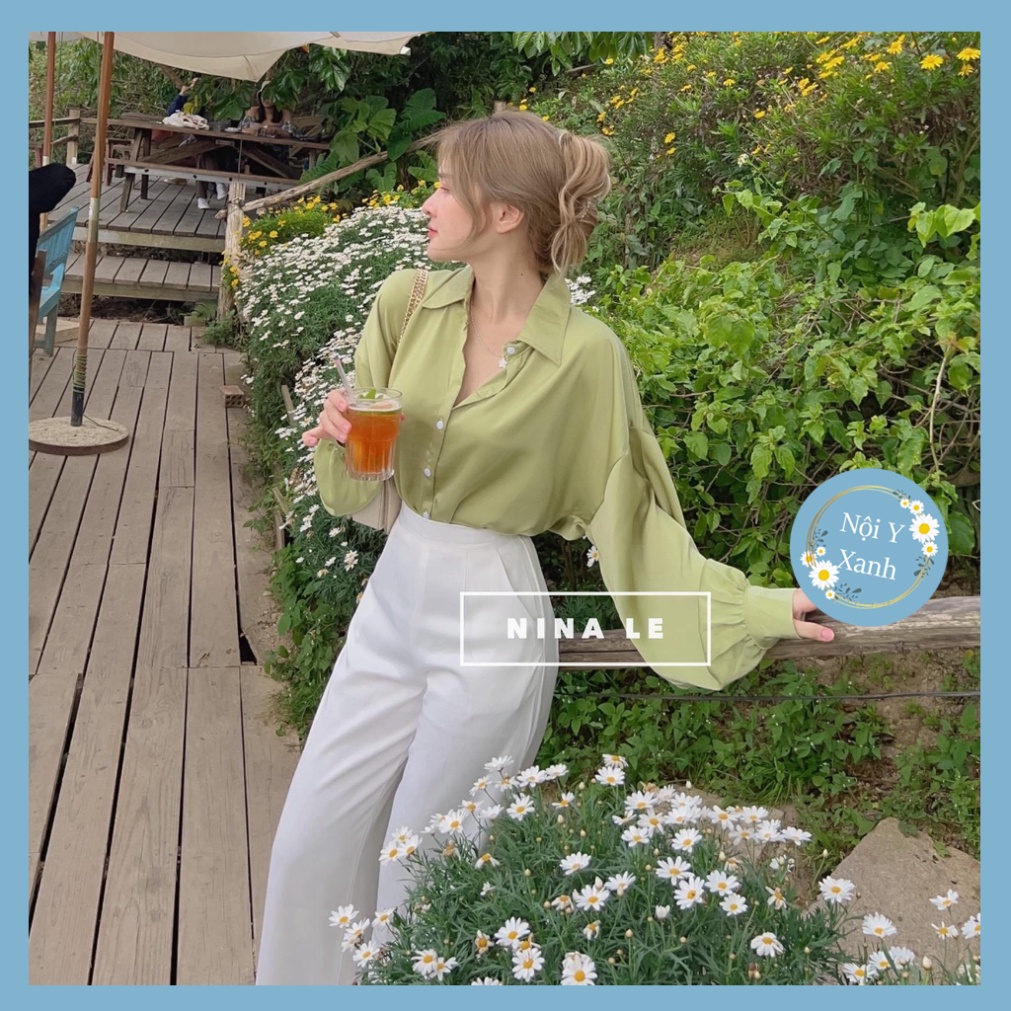 Set áo sơ mi xanh bơ Hình THẬT, phối quần suông trắng dáng dài chất tuyết mưa hottrend freesize nội y xanh chất mềm