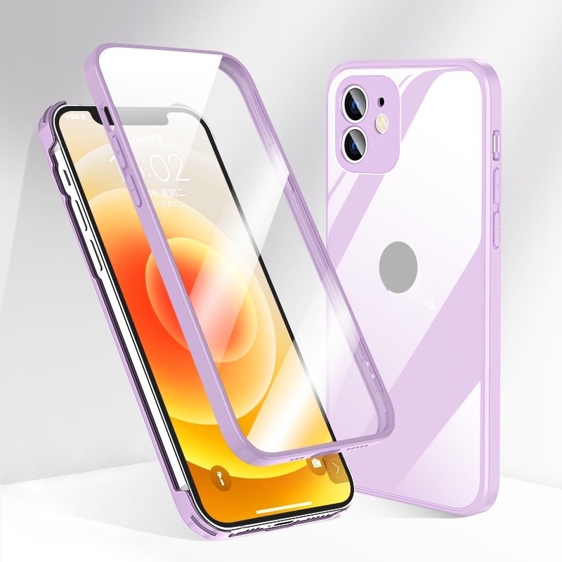 360° Ốp Điện Thoại Kính Cường Lực 2 Mặt Bảo Vệ Cho iPhone 13 Pro Max màu tím