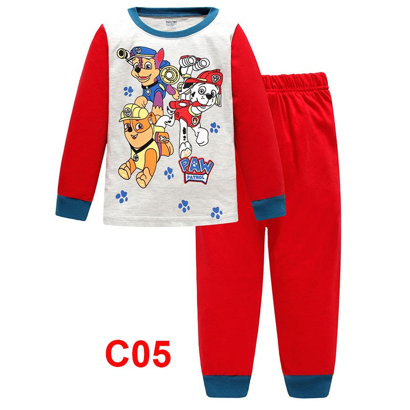 Bộ đồ ngủ 2 món gồm áo thun tay dài + quần dài vải Cotton in hình Paw Patrol cho bé