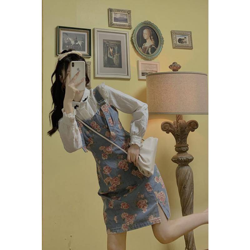 Women 2pcs Set Summer Flowers Printed Sleeveless Dress + Long Sleeve Shirt