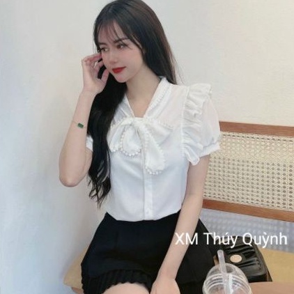 Áo Kiểu Ngắn Tay Chất Voan Lụa Cổ Thắt Nơ Phối Bèo Cánh Tiên A302