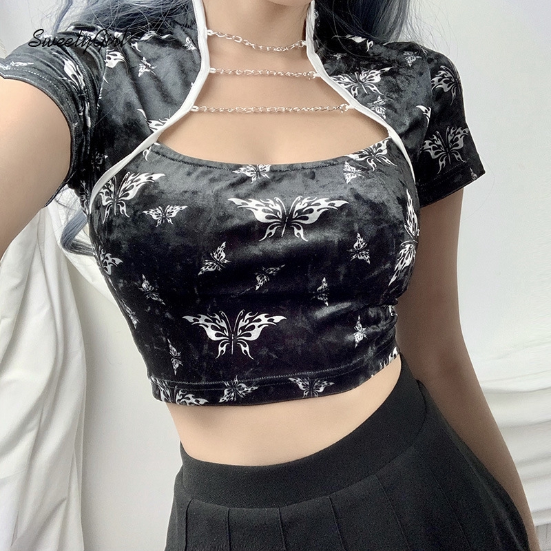 Áo Croptop Nữ Ngắn Tay Cổ Đứng In Hình Bướm Thời Trang | BigBuy360 - bigbuy360.vn