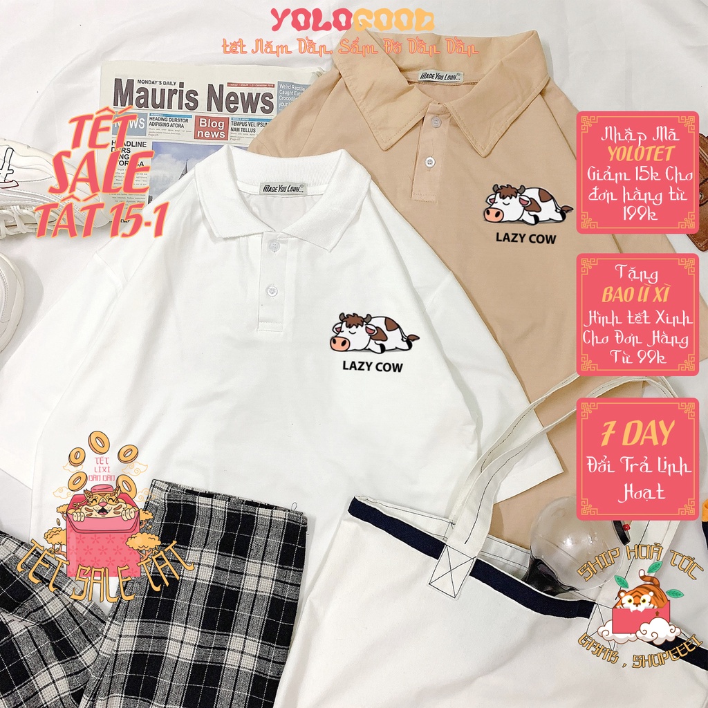 Áo thun Polo tay lỡ  LAZY COW  phông Unisex nam nữ tee oversize form rộng pull Ulzzang Streetwear Hàn Quốc vải mềm