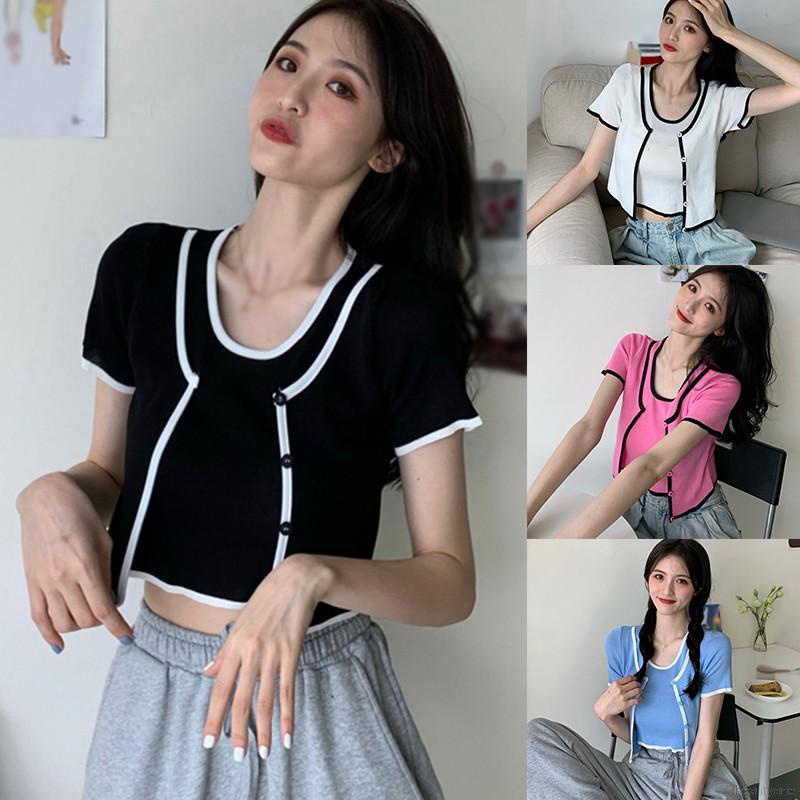 Áo Croptop dệt kim tay ngắn thiết kế giả hai lớp