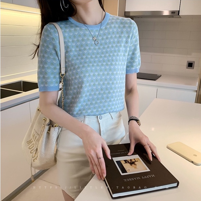 [Hana And Alice] Áo Thun Dệt Kim Ngắn Tay Dáng Rộng In Họa Tiết / Dễ Phối Đồ