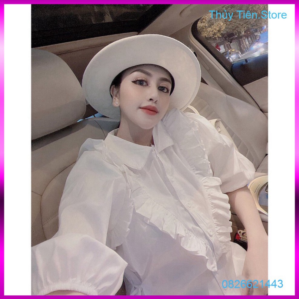 Váy Tay Lỡ Suông Cổ V Phối Viền Bèo Dáng Sơ Mi Trắng Style Retro sang trọng - Đầm Somi Trắng 💎👗💝