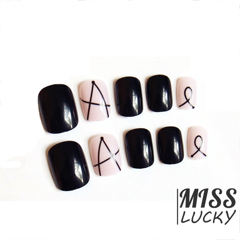 Set 24 móng tay giả màu đen họa tiết các đường chéo nhau thời trang nữ