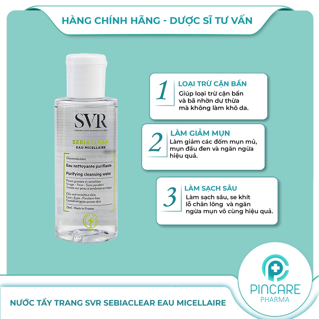 Nước tẩy trang cho da dầu mụn SVR Sebiaclear Eau Micellaire - Hàng chính hãng - Nhà Thuốc PinCare