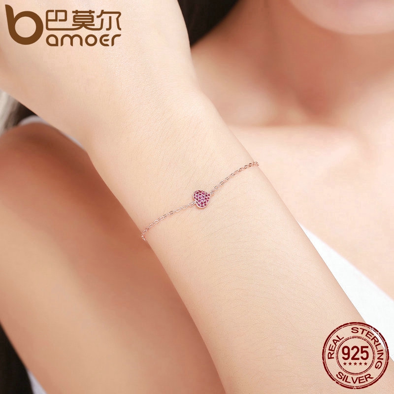 Vòng tay Bamoer mặt dây hình trái tim màu vàng hồng thời trang xinh xắn