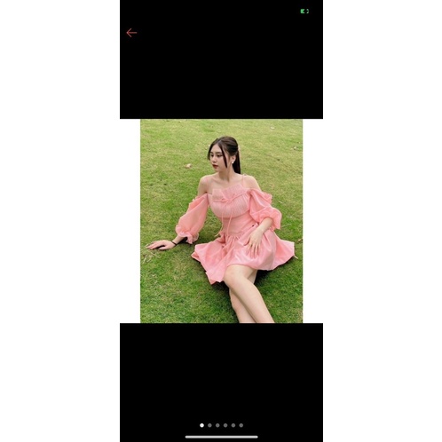 Đầm hai dây tay phồng phối voan rớt