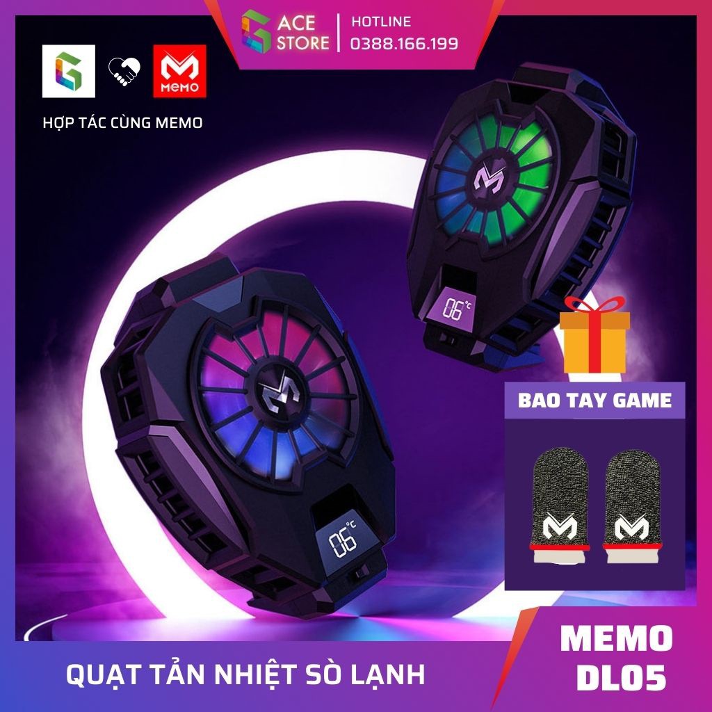 Memo DL05 | Quạt tản nhiệt sò lạnh cho điện thoại, Màn hình LED hiển thị nhiệt độ, LED RGB, Tặng kèm bao tay chơi game -