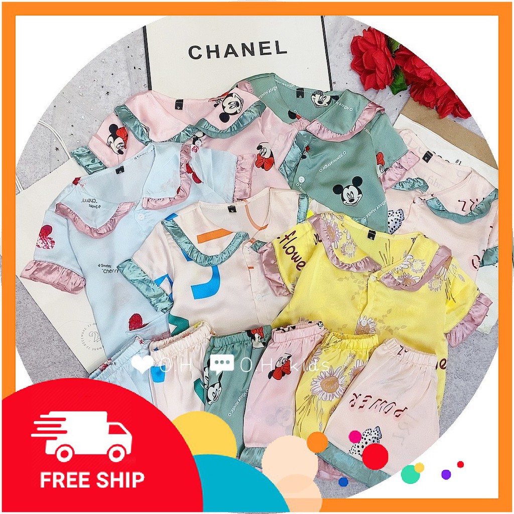 Bộ Pijama Lụa Loại 1 Quần Đùi Áo Cổ Bèo Tay Cộc Họa Tiết Dễ Thương Nhiều Màu size Nhỡ (20-30kg)