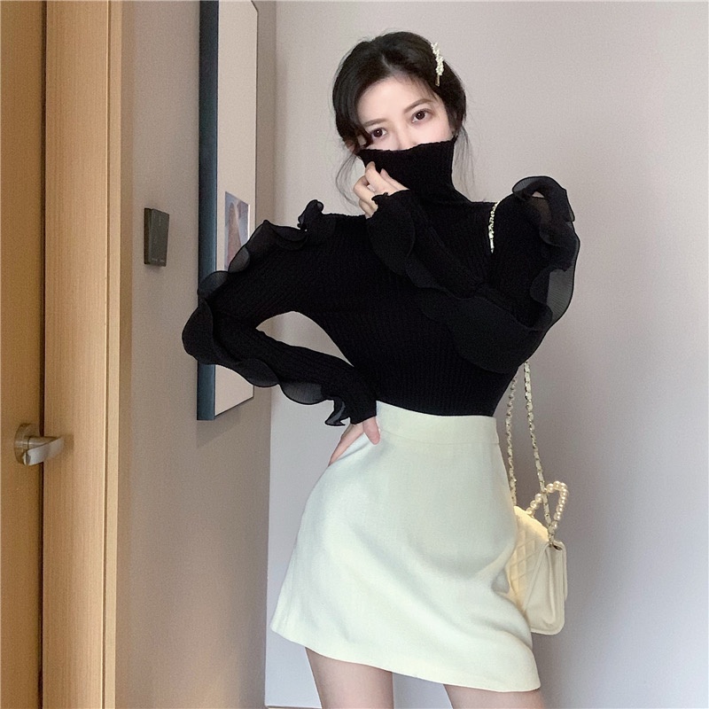 Áo len dệt kim cổ lọ phối voan lưới thanh lịch thời thượng