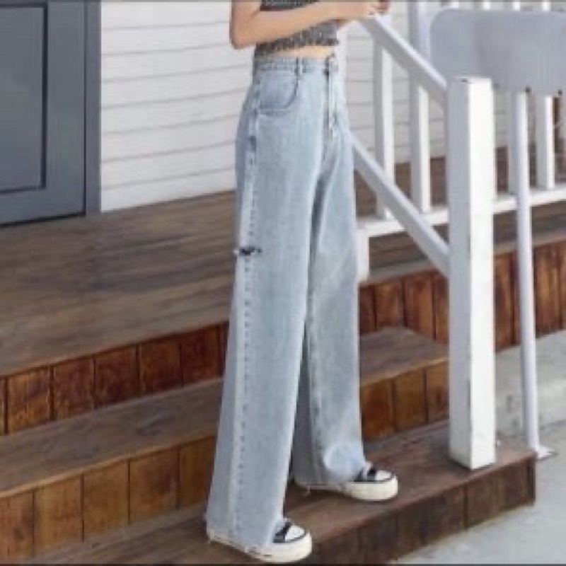 &lt;Siêu rẻ&gt; Quần jeans xanh suông rách 1 [Fs50k]