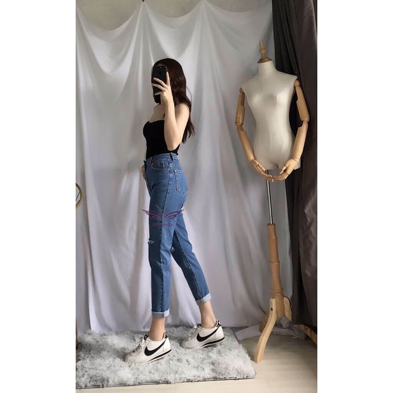 Quần Baggy Jean Nữ Dáng Suông Cạp Cao Chất Co Giãn/Kiểu rách
