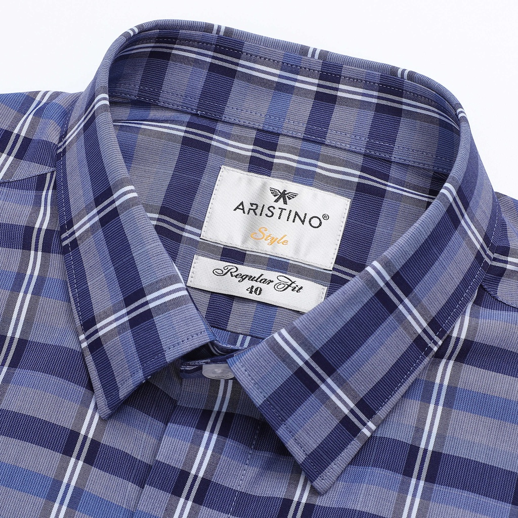 Áo sơ mi dài tay nam Aristino phom regular fit, thiết kế tà lượn, màu xanh kẻ nổi bật - ALS40902