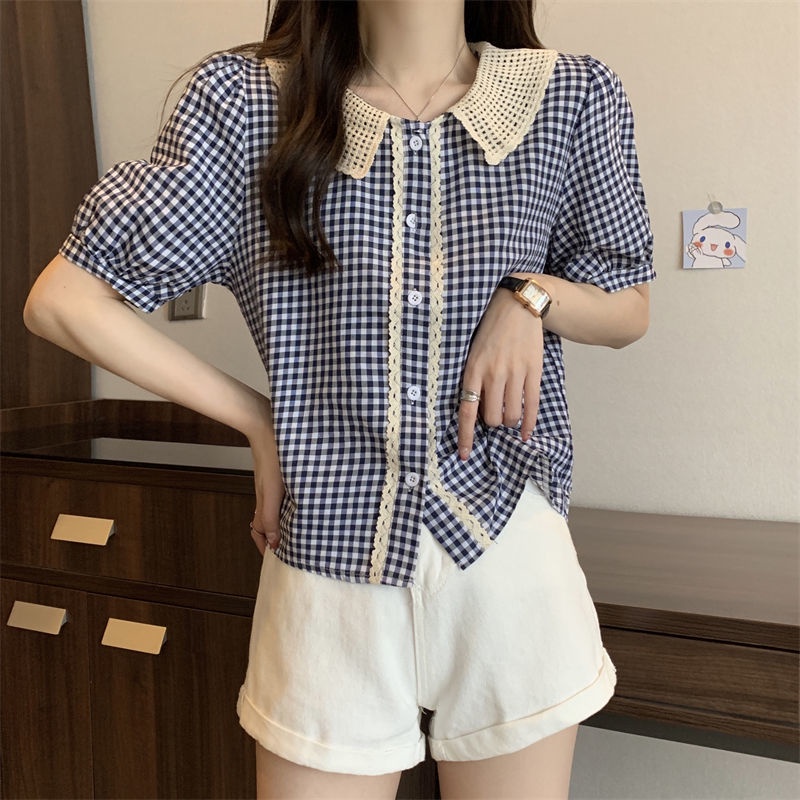 Áo Sơ Mi Tay Ngắn Dáng Rộng Cổ Búp Bê Kẻ Sọc Ca Rô Thiết Kế Mới Thời Trang Mùa Hè Cho Nữ