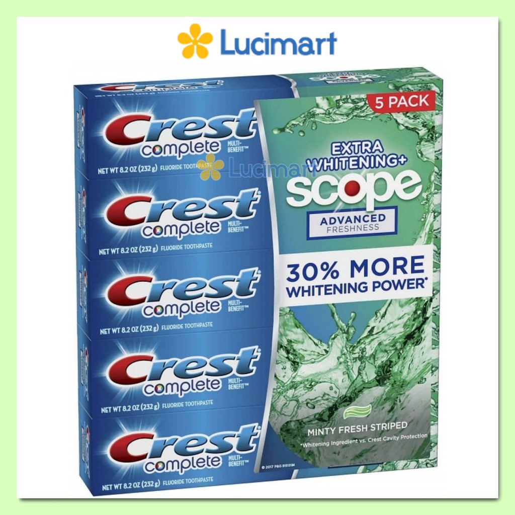 Kem đánh răng Crest Complete Extra Whitening + Scope Advanced Freshness, hương Minty Fresh Striped
