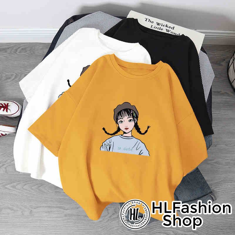 Áo thun tay lỡ form rộng cô gái 2 bim tóc siêu dễ thương, áo phông form rộng size HLFashion