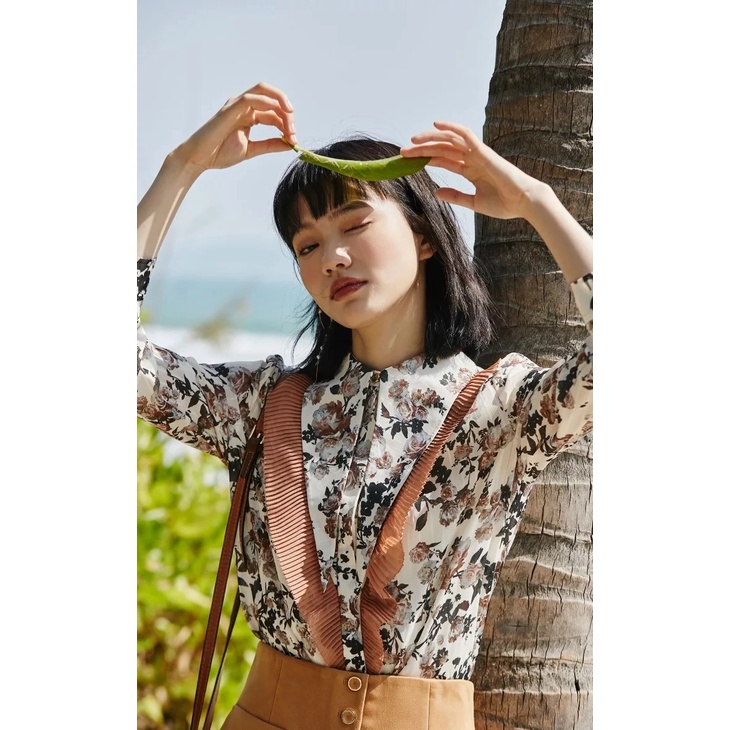 Vero Moda Áo Sơ Mi Nữ Cổ Mũi Nhọn In Hoa ỉ Áo Sơ Mi Diềm Xếp Nếp Tay 3/4 321131075