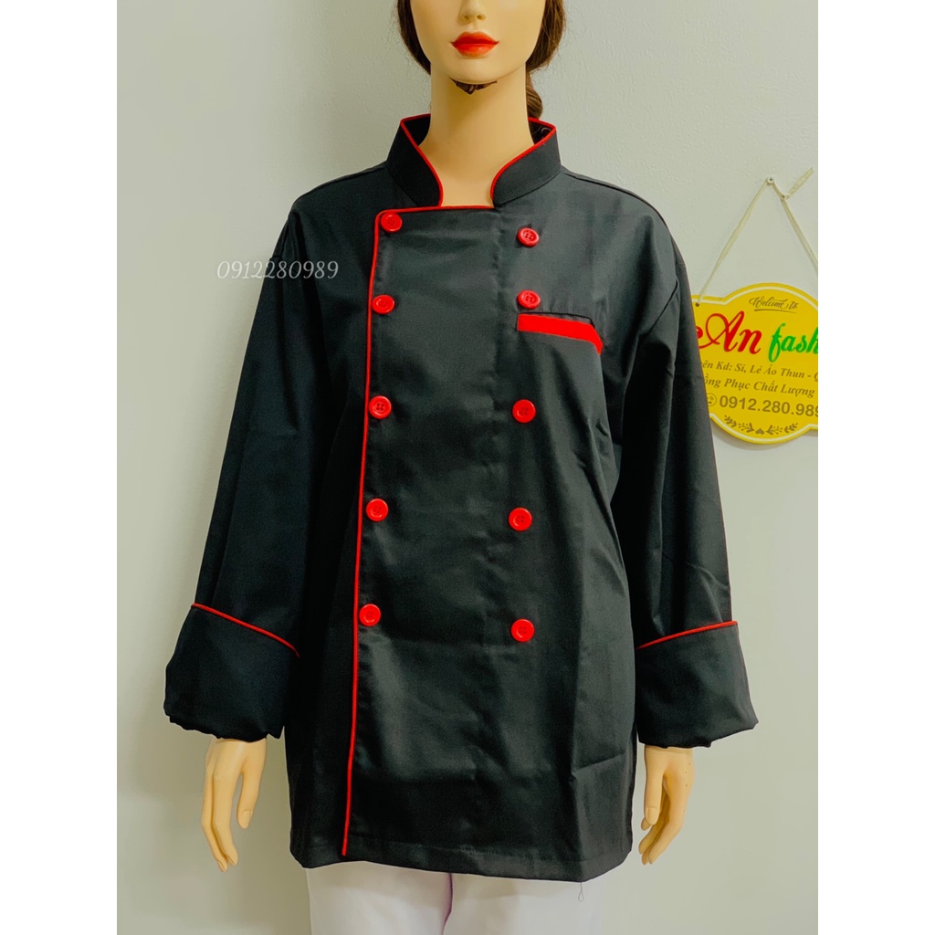 Áo đầu bếp nam nữ cao cấp dày dặn màu đen tay dài _ Hình chụp thật