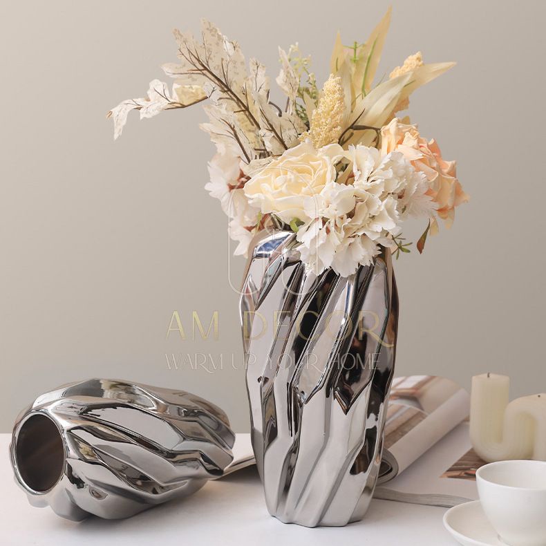 Bình hoa gốm tráng mạ vàng mạ bạc phong cách châu Âu decor trang trí phòng khách sang trọng - AM Decor