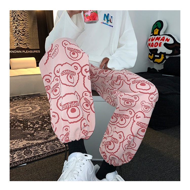 ✦ AFFLIGA ✦Quần dài thể thao lưng cao co giãn màu trơn in hình gấu dễ thương phong cách Nhật Bản cho nam nữ