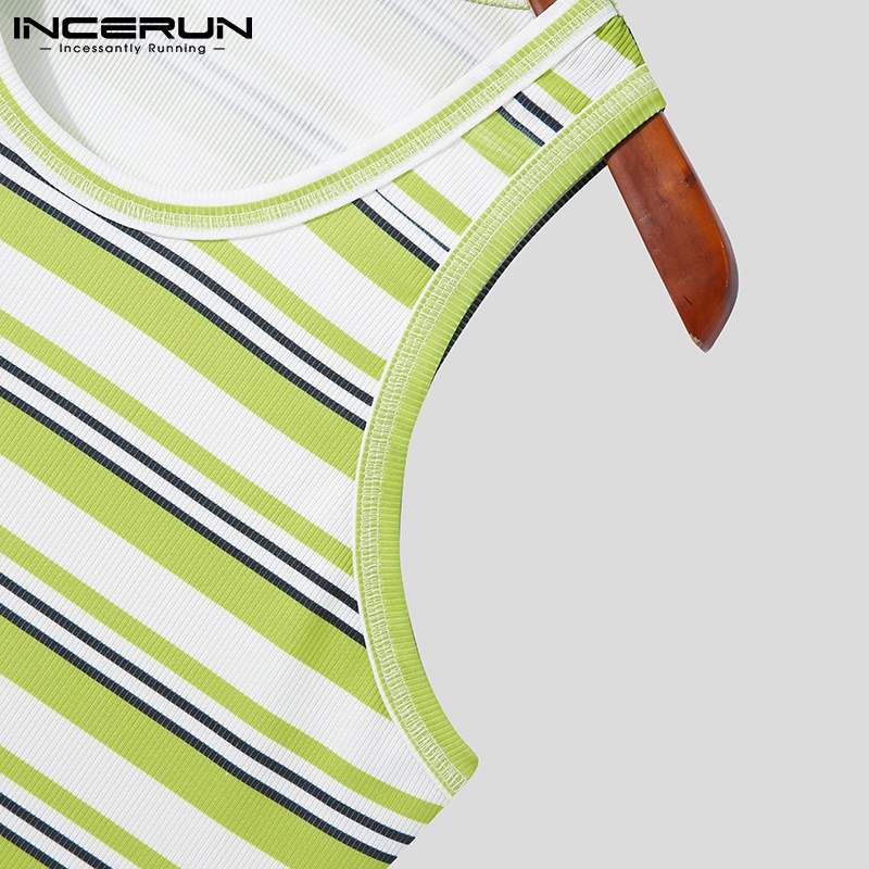 Áo thun ba lỗ INCERUN họa tiết kẻ sọc cổ tròn thời trang cho nam