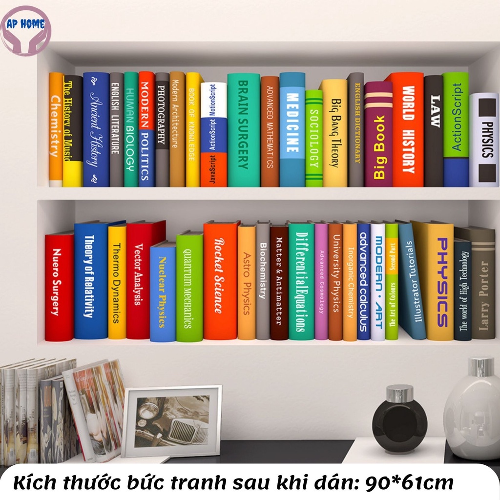 Tranh dán tường 3d trang trí nhà cửa văn phòng decal hình công, bóng đá, giá sách