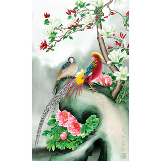 Tranh dán tường 3D khổ dọc phong thủy Đôi chim trĩ bên hoa LunaTM-0091 kim sa
