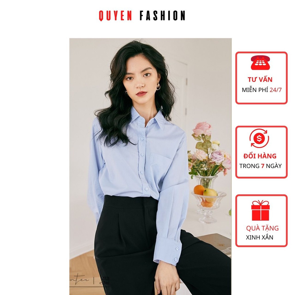 Áo Thời Trang Công Sở Nữ Cổ Đức Tay Dài, Túi Ngực Thanh Lịch, Sơ Mi Xanh Pastel Basic Quyên Fashion AA534